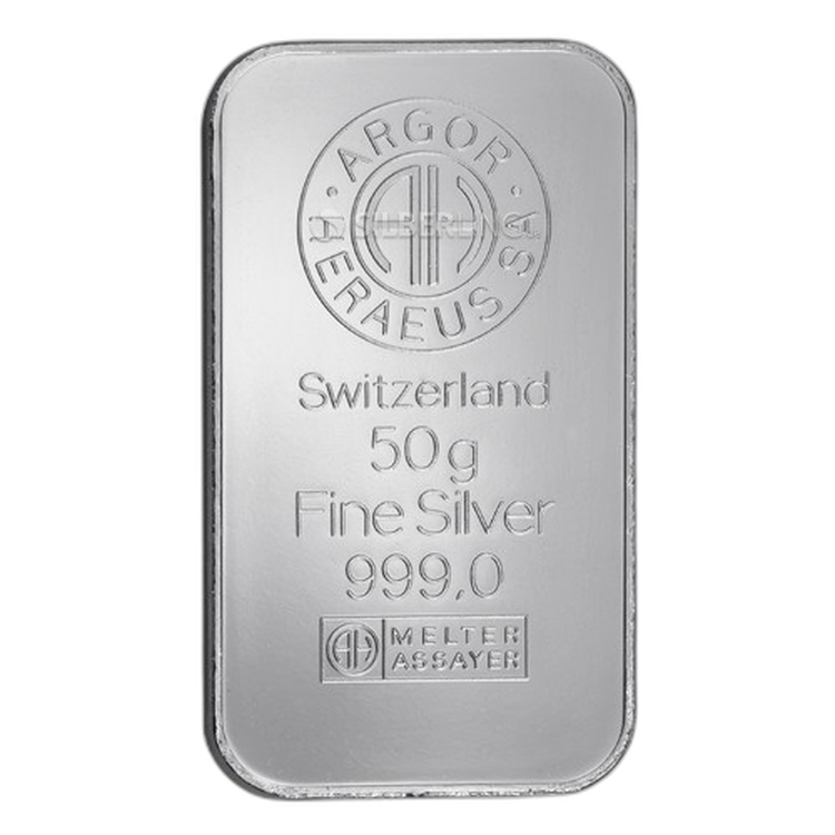 50g Heraeus Silver Bar front