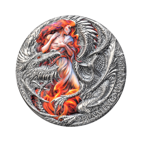 Thumbnail 2 troy ounce zilveren munt Dragonology serie - Flaming Wyvern 2023 - antieke afwerking voorkant