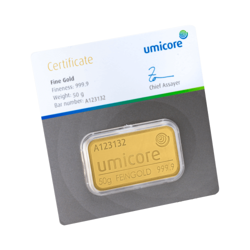 Thumbnail Gold bar 50 grams Umicore with certificate Certificate of authenticity