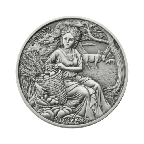 Thumbnail 2 troy ounce zilveren munt Demeter vs Maagd 2021 voorkant
