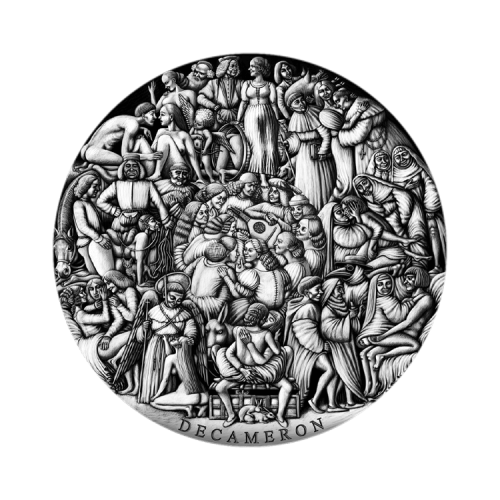 Thumbnail 5 troy ounce zilveren munt De Decameron 2023 - antieke afwerking voorkant