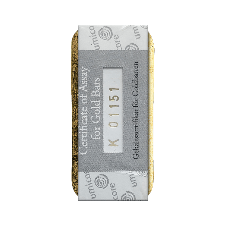 Reverse Umicore 250 gram gold bar with certificate