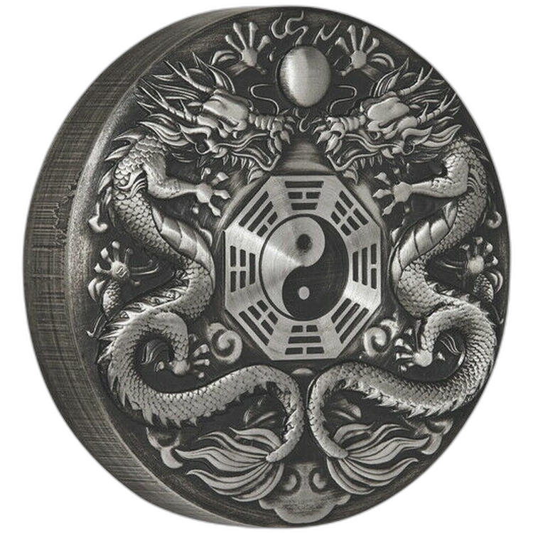 2 Troy ounce zilveren munt Double Dragon 2019 angle 2