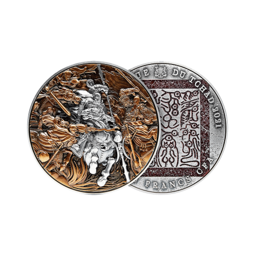Thumbnail 2 troy ounce zilveren munt Lü Bü strijd 3 helden 2021 - antieke afwerking perspectief 1