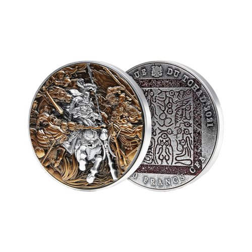 Thumbnail 2 troy ounce zilveren munt Lü Bü strijd 3 helden 2021 - antieke afwerking perspectief 2