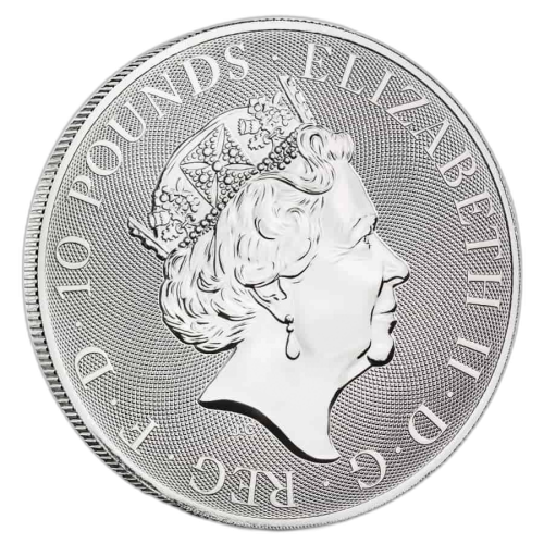 Thumbnail 10 oz Queens Beasts Zilveren Munt 2021 achterkant