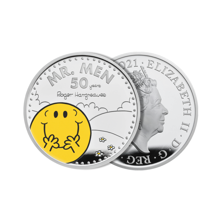 1 troy ounce zilveren munt Mr. Men little Miss-Mr. Happy 50th Anniversary 2021 perspectief 1