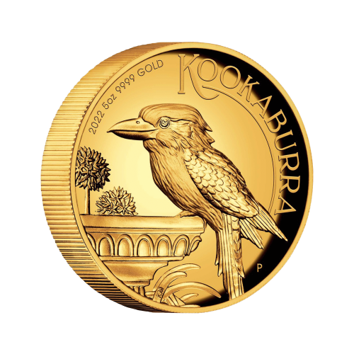 Thumbnail 5 troy ounce gouden munt Kookaburra 2021 Proof perspectief 1