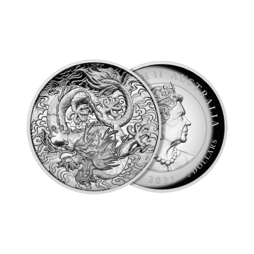 Thumbnail 2 troy ounce zilveren munt mythen en legendes dragon 2021 Proof perspectief 1