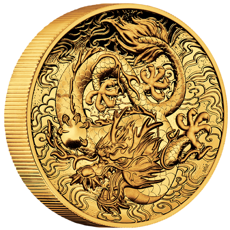 2 troy ounce gouden munt mythen en legendes dragon 2021 Proof perspectief 3