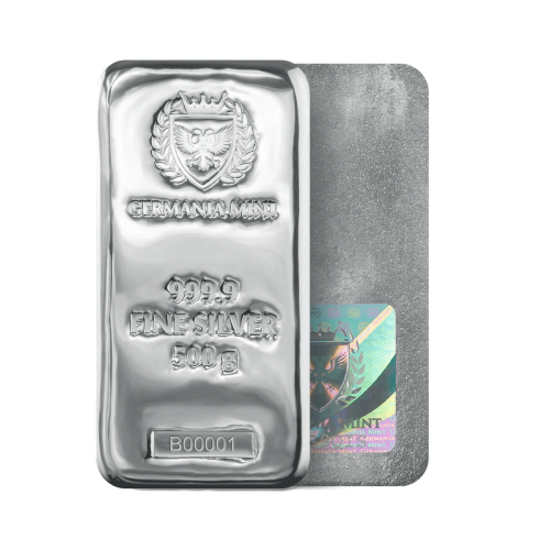 Thumbnail 500g Germania Mint Lingote de Plata angle 1