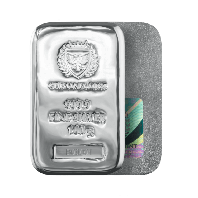 100g Germania Mint Zilverbaar perspectief 1