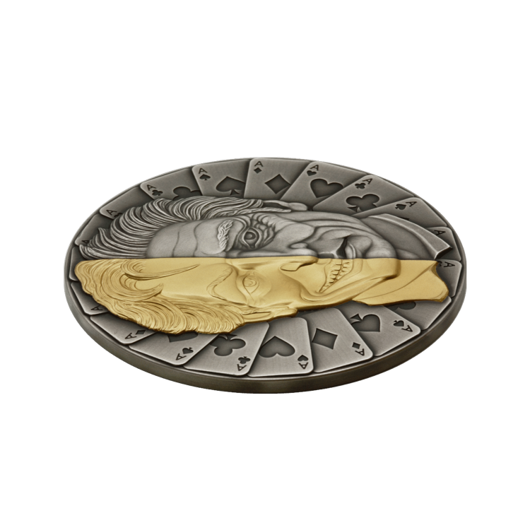 2 troy ounce silver coin mask 2021 - antique finish angle 1