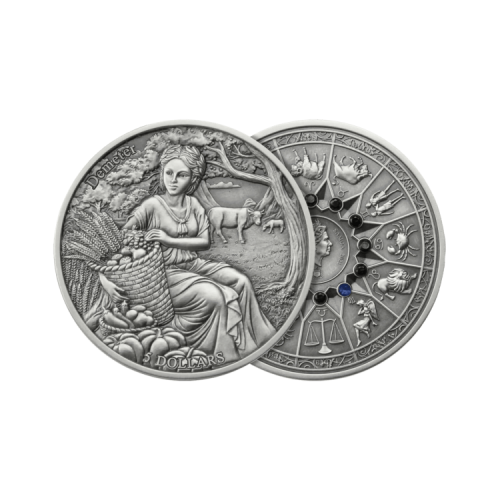 Thumbnail 2 troy ounce zilveren munt Demeter vs Maagd 2021 perspectief 1