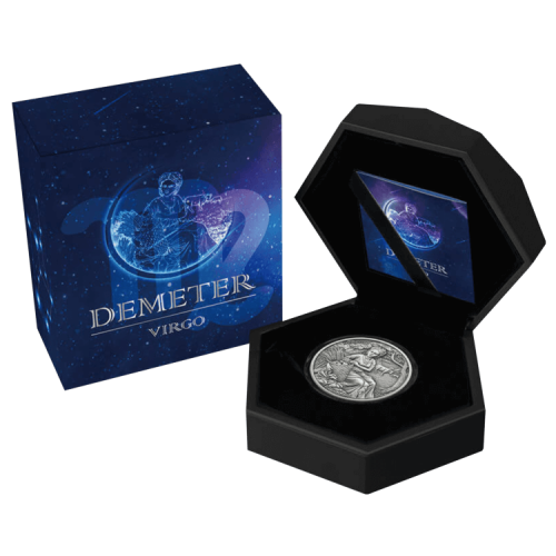 Thumbnail 2 troy ounce zilveren munt Demeter vs Maagd 2021 perspectief 2