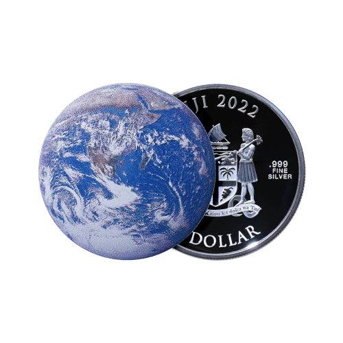 Thumbnail 1 troy ounce silver coin blue marble dome shaped 2022 Proof angle 1