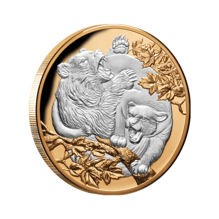 5 troy ounce zilveren munt Poema vs Beer 2022 Proof perspectief 1