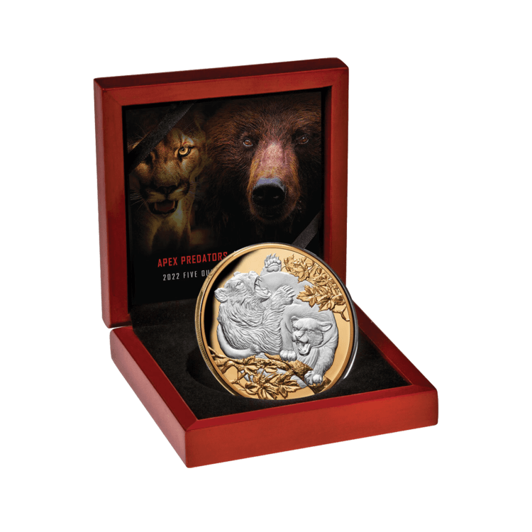 5 troy ounce zilveren munt Poema vs Beer 2022 Proof perspectief 4