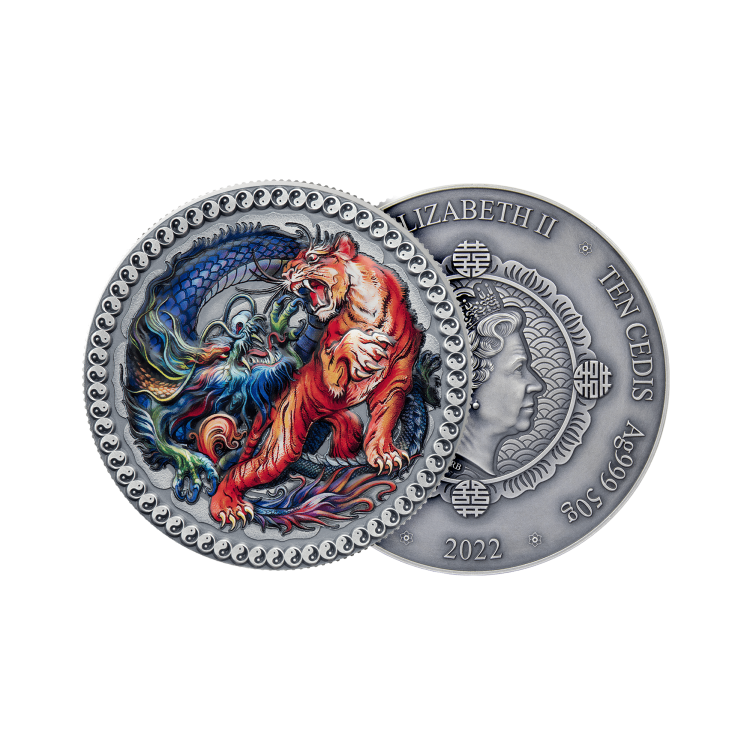 50 grams silver coin tiger & dragon 2022 angle 1