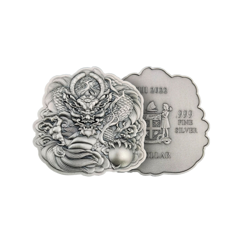 Thumbnail 2 troy ounce zilveren munt Fiji Dragon Shaped High Relief Antiqued 2022 perspectief 2