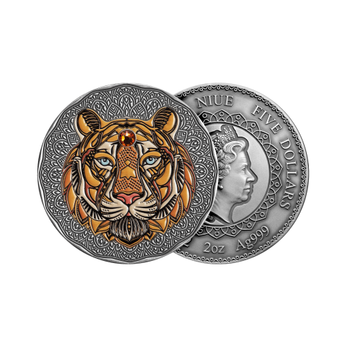 Thumbnail 2 troy ounce zilveren munt Mandala Tijger antieke afwerking 2022 perspectief 1