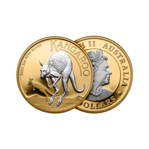 Thumbnail 2 troy ounce zilveren munt Australian kangaroo 2022 verguld perspectief 1