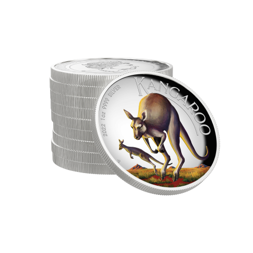Thumbnail 1 troy ounce zilveren munt Australian kangaroo 2022 kleur perspectief 1