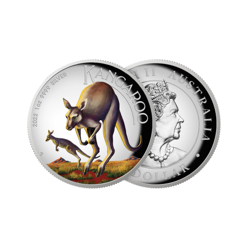 Thumbnail 1 troy ounce zilveren munt Australian kangaroo 2022 kleur perspectief 2