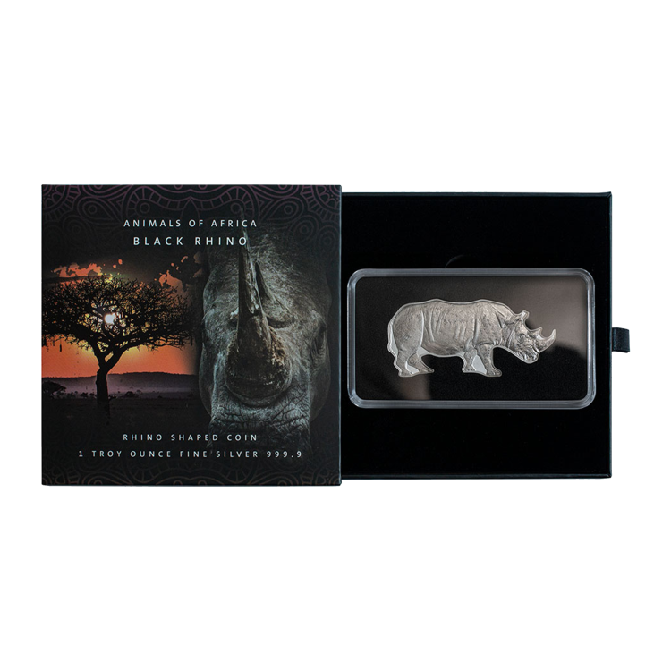 1 troy ounce zilveren munt zwarte neushoorn 2022 Proof perspectief 1