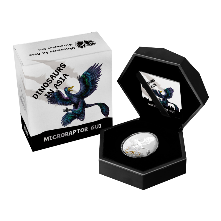 1 troy ounce zilveren munt Dinosauriërs in Azië – Microraptor Gui perspectief 2