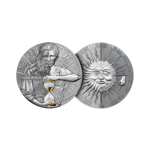Thumbnail 2 troy ounce zilveren munt Dual Essence serie - Chronos 2023 - antieke afwerking perspectief 1