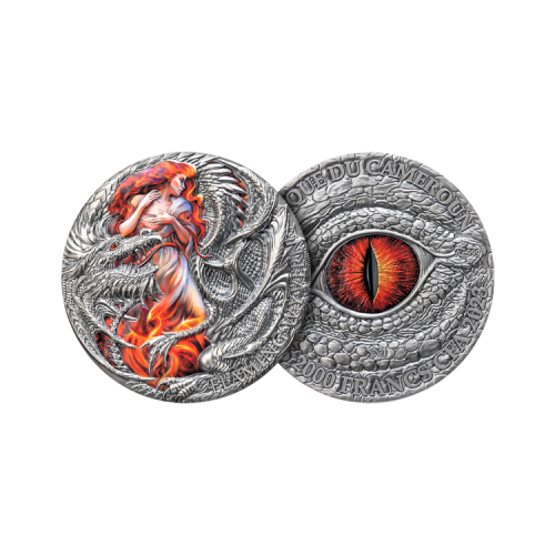 Thumbnail 2 troy ounce zilveren munt Dragonology serie - Flaming Wyvern 2023 - antieke afwerking perspectief 1