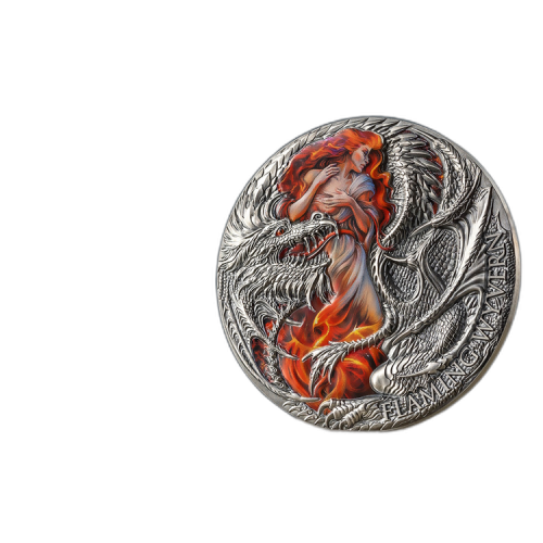 Thumbnail 2 troy ounce zilveren munt Dragonology serie - Flaming Wyvern 2023 - antieke afwerking perspectief 3