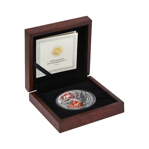 Thumbnail 2 troy ounce zilveren munt Dragonology serie - Flaming Wyvern 2023 - antieke afwerking perspectief 4