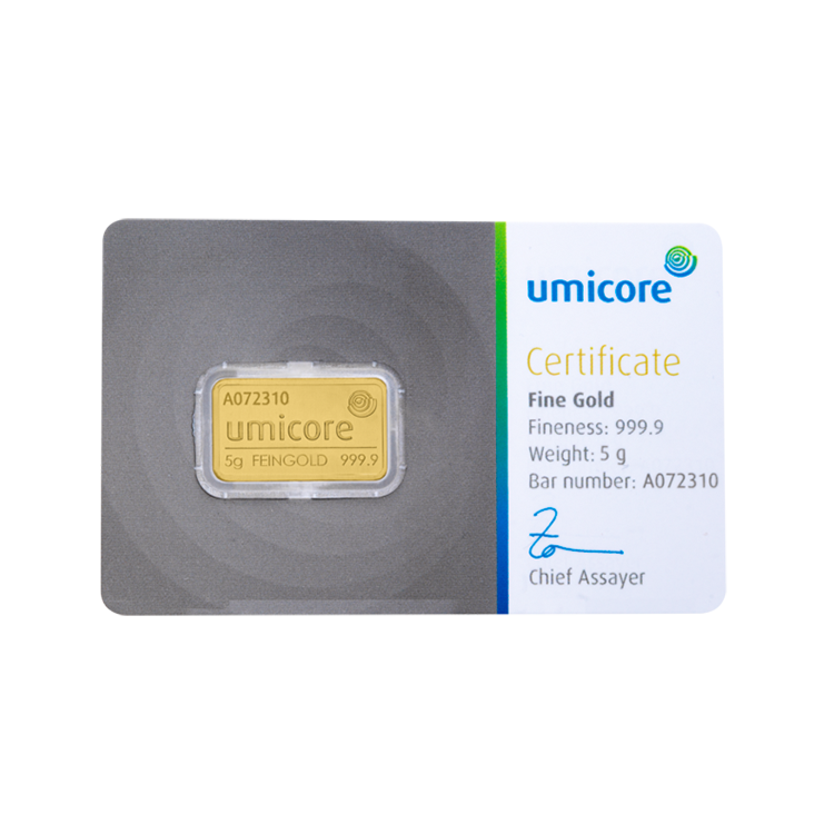 Umicore 5 gram gold bar with certificate