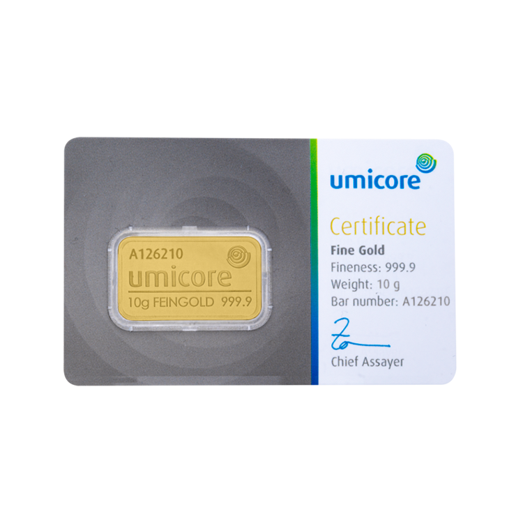 10 gram Umicore gold bar obverse