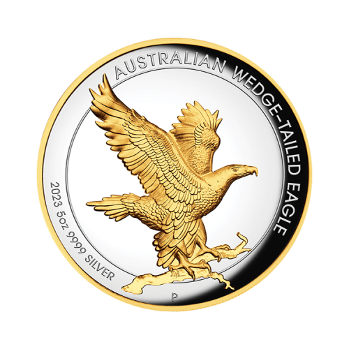 Thumbnail 5 troy ounce zilveren munt Wedge Tailed Eagle verguld 2023 proof voorkant