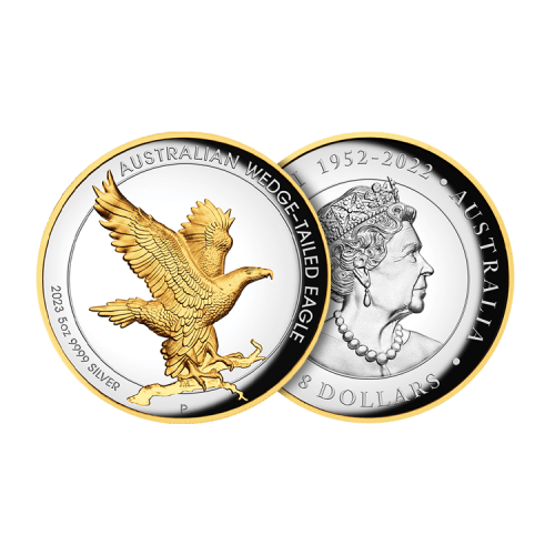 Thumbnail 5 troy ounce zilveren munt Wedge Tailed Eagle verguld 2023 proof perspectief 1