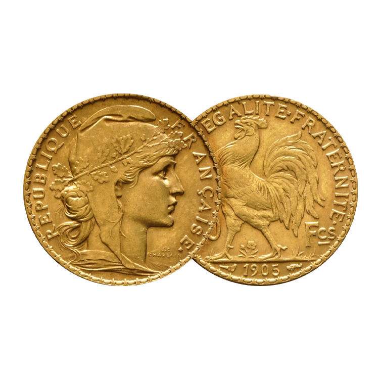 Golden 20 Franc Marianna and Rooster - various years angle 1
