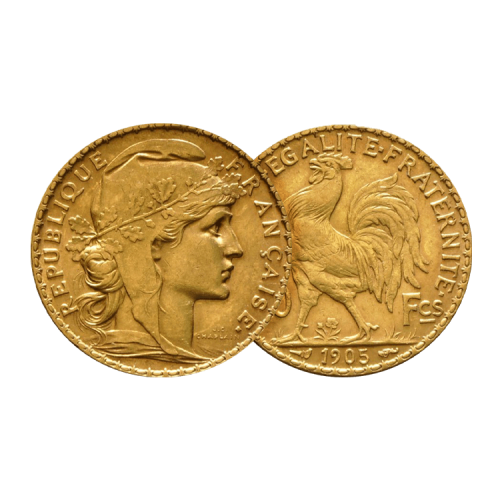 Thumbnail Golden 20 Franc Marianna and Rooster - various years angle 1