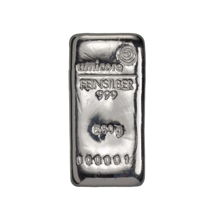 250g Umicore Silver Bar front
