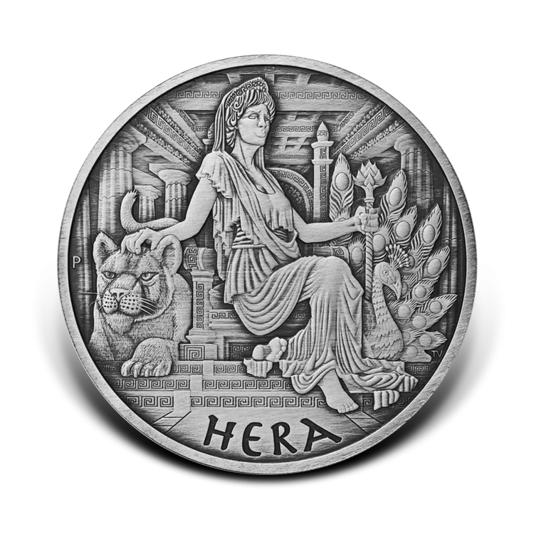 1 troy ounce zilveren munt goden van Olympus Hera 2022 antieke afwerking voorkant