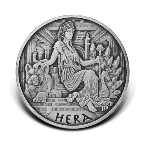 Thumbnail 1 troy ounce zilveren munt goden van Olympus Hera 2022 antieke afwerking voorkant