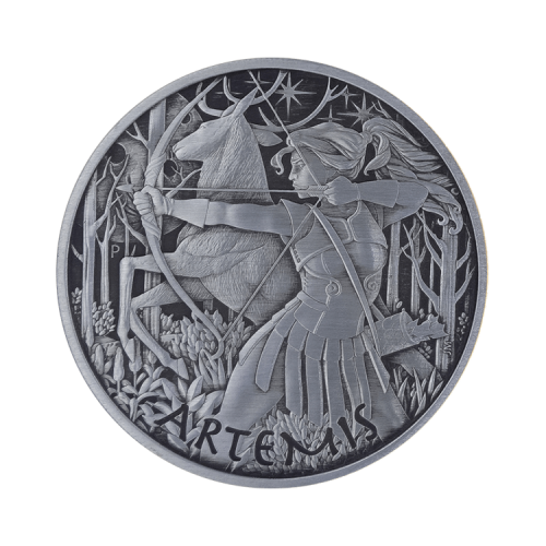 Thumbnail 1 troy ounce zilveren munt Goden van Olympus Artemis 2023 antieke afwerking voorkant