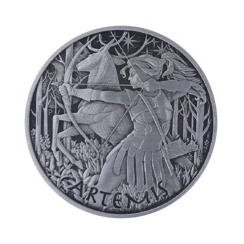 Thumbnail 5 troy ounce zilveren munt Goden van Olympus Artemis 2023 antieke afwerking voorkant