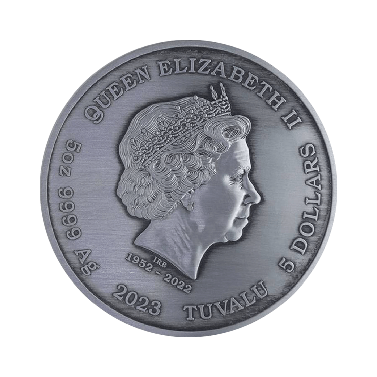 5 troy ounce zilveren munt Goden van Olympus Artemis 2023 antieke afwerking achterkant