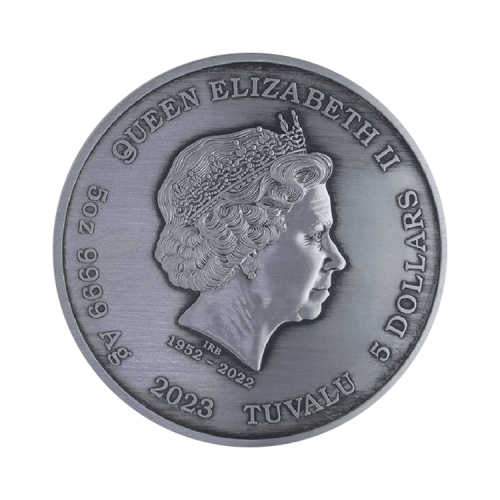Thumbnail 5 troy ounce zilveren munt Goden van Olympus Artemis 2023 antieke afwerking achterkant