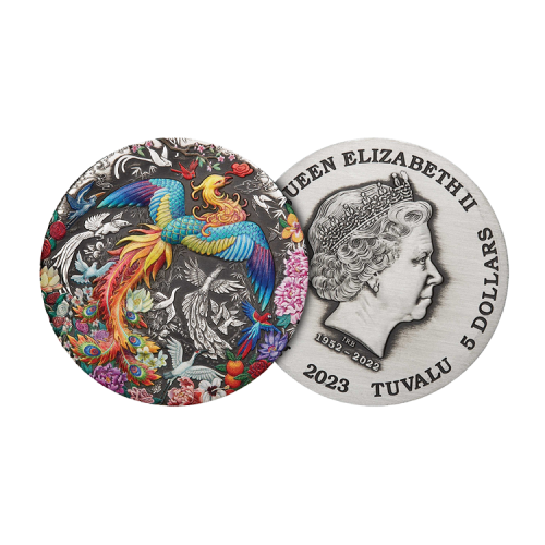 Thumbnail 5 troy ounce zilveren munt Phoenix en Vogels 2023 antieke afwerking perspectief 1