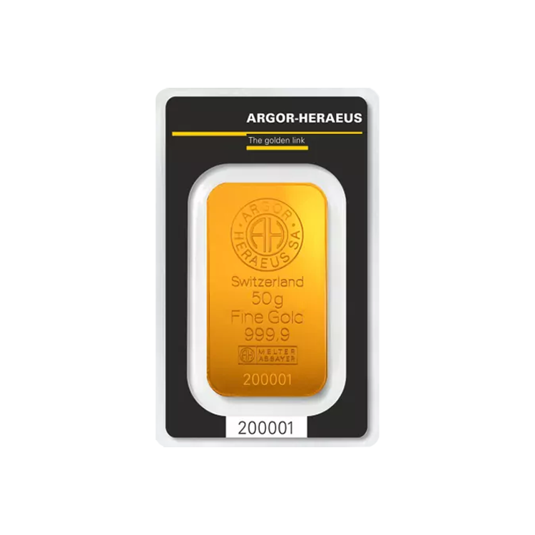 50g Heraeus Goudbaar voorkant