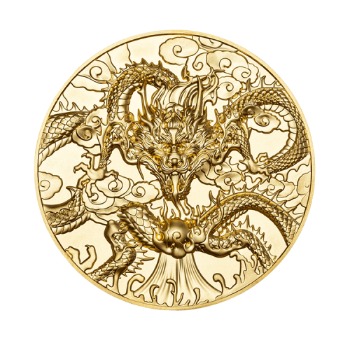Thumbnail 5 troy ounce zilveren dragon art munt 2024 verguld voorkant